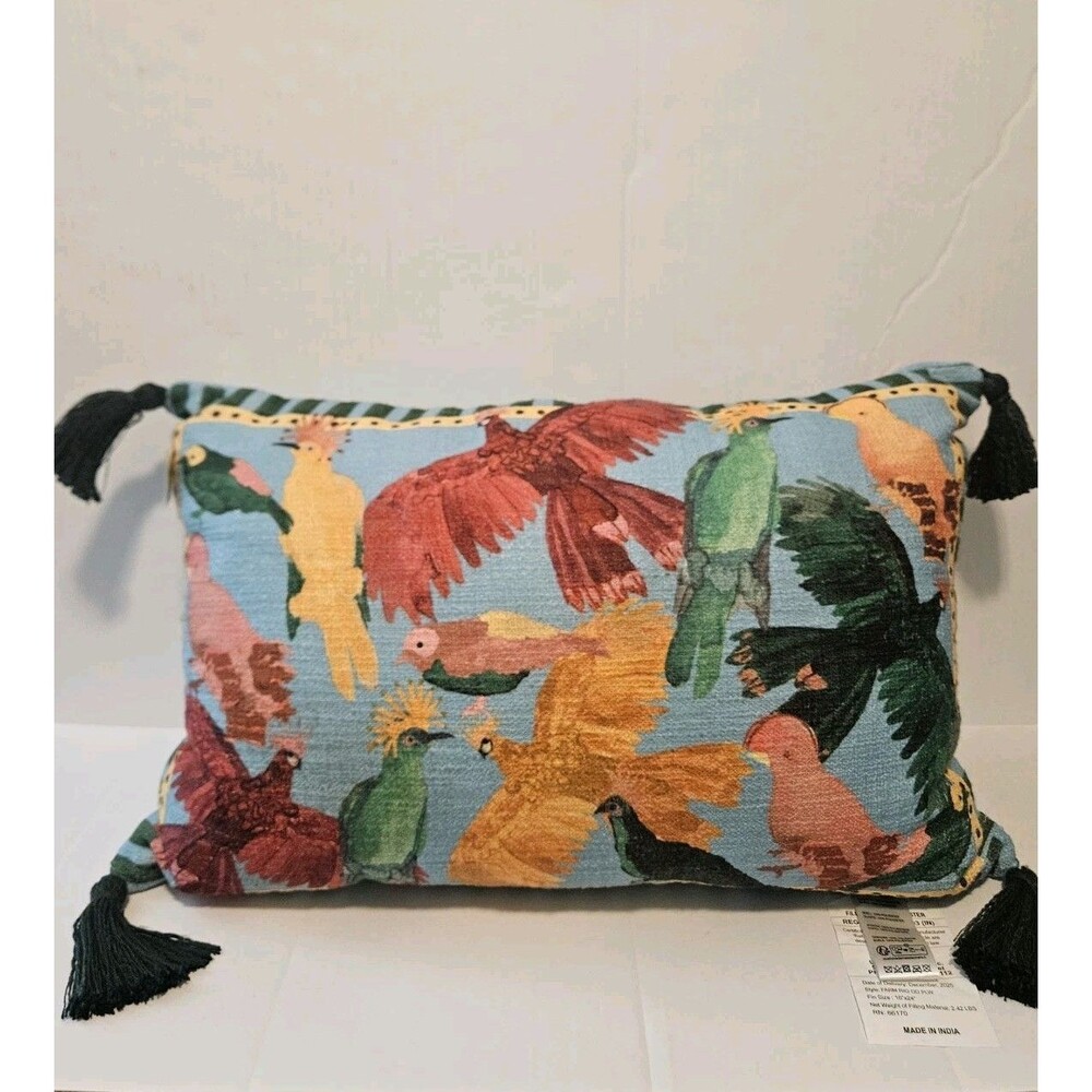 Farm Rio x Anthropologie Tassel Outdoor Pillow Tropical Exotic Birds 16 x 24 IN
